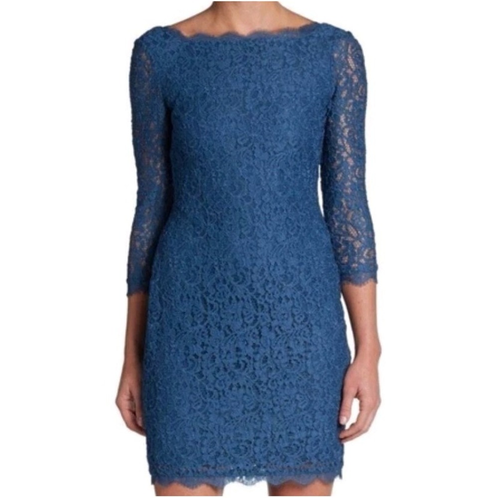 Adrianna Papell Women 10 Sheath Dress Blue Floral Lace Long Sleeve Wedding Guest